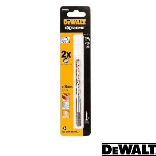 The Dewalt- EXTREME No Slip Shank Masonry Drill Bit, measuring 8mm in diameter and 120mm in length, comes in predominantly yellow and black packaging. It is designed for use on metal, wood, and various other materials. The DeWalt logo is prominently featured in the bottom right corner of the packaging.