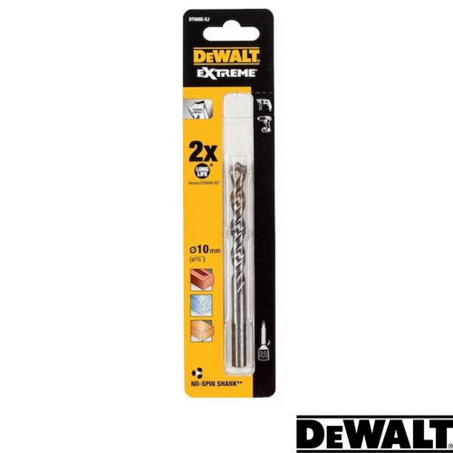The packaging for the Dewalt- EXTREME No Slip Shank Masonry Drill Bit features a 10mm diameter, stressing its No Slip shank design for secure handling. Compatibility with metal, wood, and masonry is clearly indicated through iconic symbols. The distinctive Dewalt-EXTREME logo is prominently displayed at the bottom right.