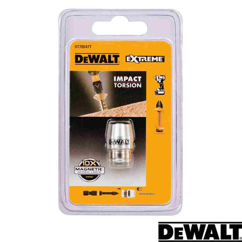 Package containing a Dewalt- EXTREME Magnetic Screwlock impact torsion bit holder. The yellow packaging, showcasing the Dewalt brand name, includes images demonstrating its usage and highlights the Torsion Zone for increased durability.