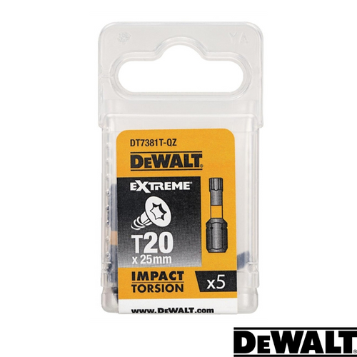 The DeWalt- Impact Torsion T20 - 25mm - Pack Of 5 bits are housed in clear packaging and prominently feature the Dewalt brand logo at the bottom. The pack includes five Torx bits with a Magnetic Screwlock system.