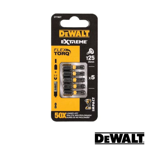 The Dewalt Impact Torsion T25 drill bit set, featuring advanced Impact Torsion technology, contains five durable black bits designed for a T25 head. Housed in stylish black and yellow packaging, this set highlights strong performance and precise screwdriver bit functionality.