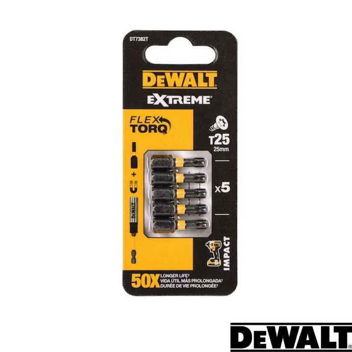 The Dewalt Impact Torsion T25 drill bit set, featuring advanced Impact Torsion technology, contains five durable black bits designed for a T25 head. Housed in stylish black and yellow packaging, this set highlights strong performance and precise screwdriver bit functionality.