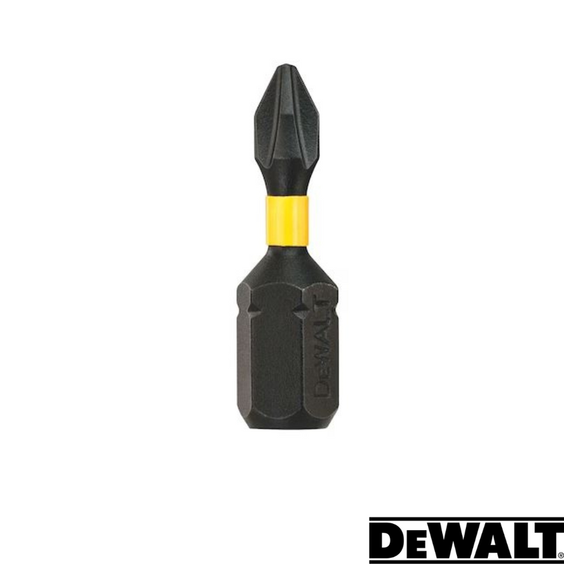 Load image into Gallery viewer, Close-up of a Dewalt-Extreme FlexTORQ PH1 screwdriver bit with a yellow band near the tip, crafted from durable tool steel. The Dewalt logo is visible in the bottom right corner. This dark gray bit is designed for heavy-duty use, making it ideal for impact drivers.
