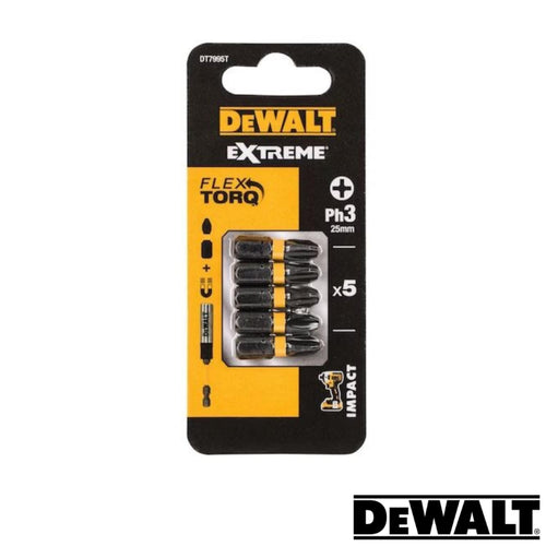 The Dewalt Extreme FlexTORQ set, featuring five 25mm PH3 torsion screwdriver bits, is elegantly packaged in black and orange with the prominent Dewalt logo.