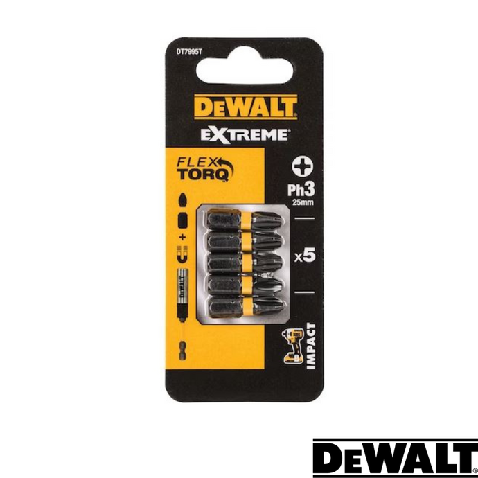 The Dewalt Extreme FlexTORQ set, featuring five 25mm PH3 torsion screwdriver bits, is elegantly packaged in black and orange with the prominent Dewalt logo.