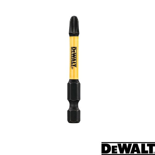 The image features a DeWalt Extreme FlexTORQ PH1 screwdriver bit in black and yellow, made from durable tool steel. Set against a white background, it highlights its use with impact drivers. The recognizable DeWalt logo is prominently shown in the lower right corner.