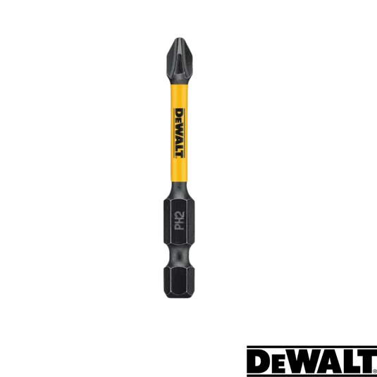 The image features a black and yellow Dewalt- Extreme FlexTORQ drill bit, label marked with PH2 to denote its type and size for use with screwdriver bits. The prominent Dewalt logo in the bottom right corner of the white background emphasizes its suitability for impact drivers.