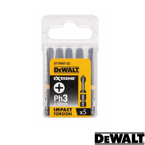 A pack of five Dewalt Impact Torsion PH3 screwdriver bits, each measuring 50mm. The transparent packaging features a yellow label with product details and the Dewalt logo prominently displayed at the bottom right corner.