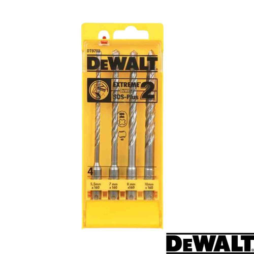 The Dewalt- EXTREME 2 SDS Plus 4 Piece Drilling Set comes in a yellow plastic case and is perfect for masonry drilling. It includes four drill bits sized at 5.5mm, 7mm, 8mm, and 10mm, making them ideal construction tools. The case features a hanging hook and prominently displays the Dewalt brand logo.