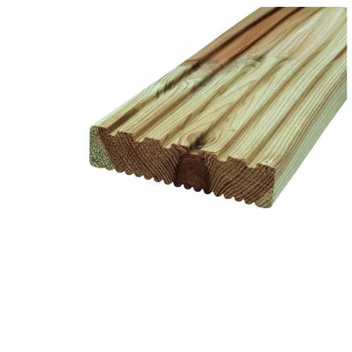 A close-up view of a single wooden decking board with grooved edges and visible wood grain patterns, isolated on a white background.