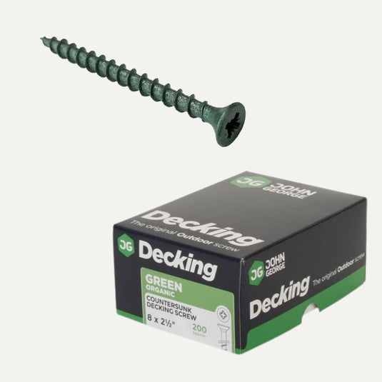 A green countersunk decking screw is shown above a box labeled Forgefix Decking Screws – 4.5mm x 50/60/75mm, Boxes of 200—ideal for timber and outdoor decking projects.