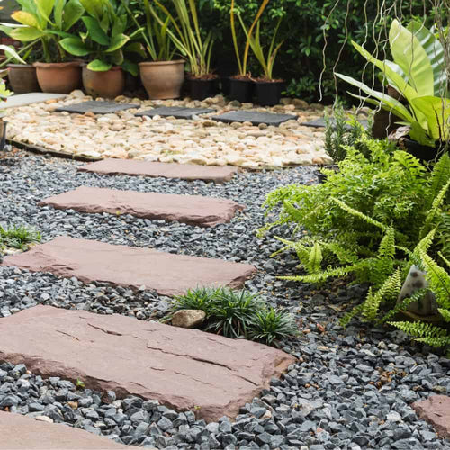 Stepping stones lead through a gravel garden with green ferns and potted plants, ending at a circular area filled with white pebbles and surrounded by more plants.