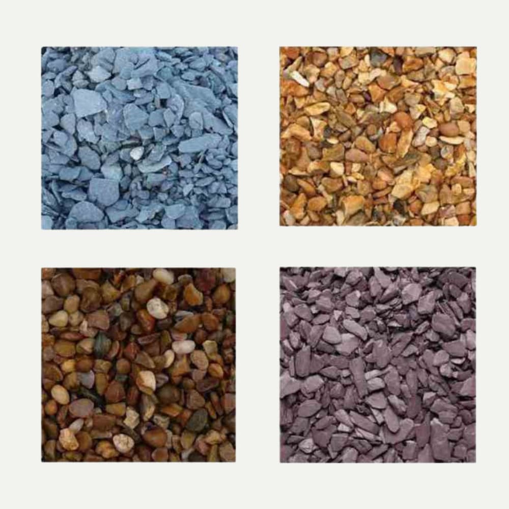Four square sections display different types of gravel: blue-gray gravel (top left), yellow-brown gravel (top right), brown-yellow pebbles (bottom left), and purple-gray gravel (bottom right).