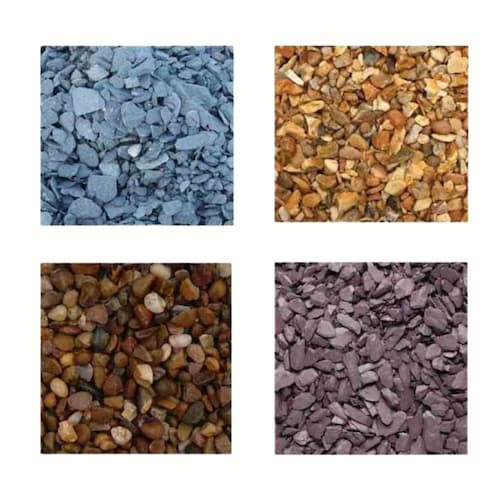 Four square sections showing gravel in different colors: blue-gray, orange-brown, dark brown, and purple, arranged in a grid on a white background.