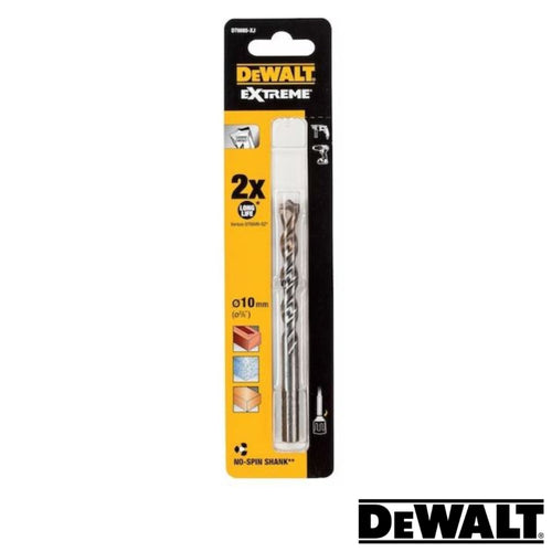 The packaging for the Dewalt- EXTREME No Slip Shank Masonry Drill Bit features a 10mm diameter, stressing its No Slip shank design for secure handling. Compatibility with metal, wood, and masonry is clearly indicated through iconic symbols. The distinctive Dewalt-EXTREME logo is prominently displayed at the bottom right.