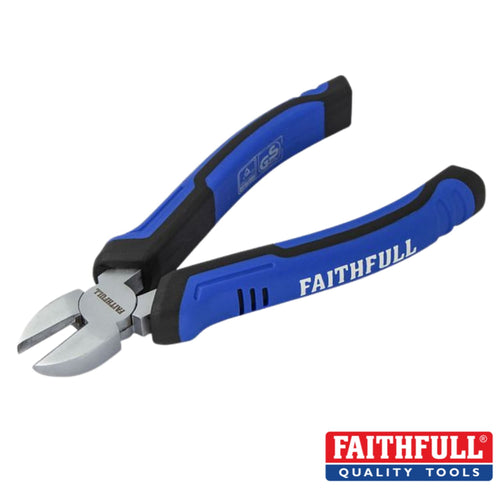 A pair of Faithfull Diagonal Cutting Pliers 160mm in blue and black, made from chrome-vanadium steel, is placed against a white background. The red Faithfull logo at the bottom right corner highlights the tool's induction-hardened durability.