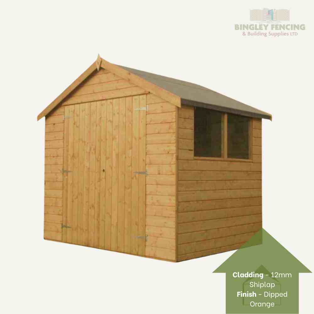 The Double Door Shed from the Euro Range, offered by Bingley Fencing, includes a pitched roof and two small windows on one side. It features 12mm shiplap cladding with an orange dipped finish. The Bingley Fencing logo is visible in the top right corner, and flexible payment plan options are available.