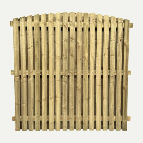 The Bingley Fencing Paling Fence Panels - Double Sided feature 1 gaps and an arched top. Made from light-colored, pressure treated timber, these panels are ideal for easy installation and added durability in your garden.