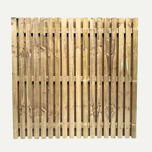 The Bingley Fencing Paling Fence Panels - Double Sided - 1 Gaps - Flat Top feature vertical, evenly spaced slats with a light brown finish, viewed front-on against a white background—ideal as pressure treated fence panels for your garden.