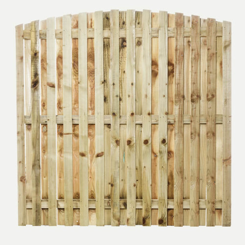 The Bingley Fencing Paling Fence Panel—Double Sided with 1 gaps and an arched top—shows off natural wood grain and knots against a plain white background, perfect for adding style and durability to your fencing project.