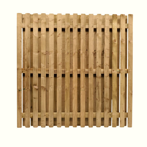 The Bingley Fencing Paling Fence Panels - Double Sided with 2 Gaps and Flat Top, shown against a white background, feature evenly spaced vertical and horizontal slats resembling a fence.
