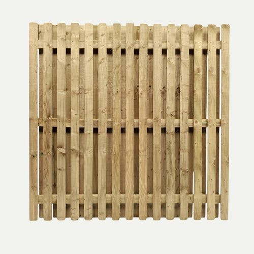 The Bingley Fencing Paling Fence Panels - Double Sided with 2 Gaps and Flat Top, shown against a white background, feature evenly spaced vertical and horizontal slats resembling a fence.