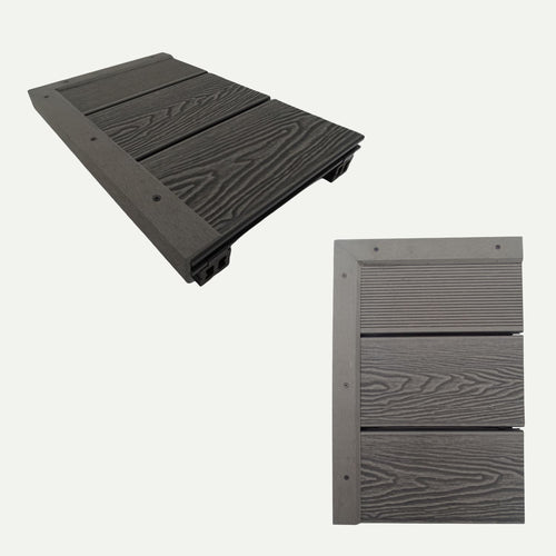 A pair of images featuring Bingley Fencing’s deX Classic Composite Decking Boards 3.6m – 4 Colours: one image provides a perspective view that emphasizes the signature textured surface for easy, low-maintenance care, while the other shows a top-down view of three parallel boards bordered by a frame.