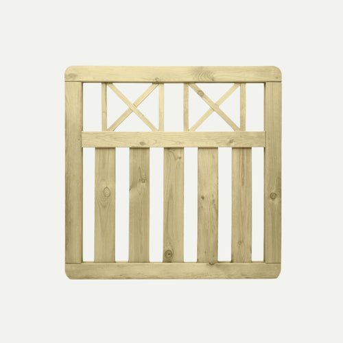 The KDM Elite Cross Top Border Gate - ECTG90 is a square, light-colored gate made from pressure treated wood with vertical bottom slats and a crisscross X top pattern, shown against a plain white background.