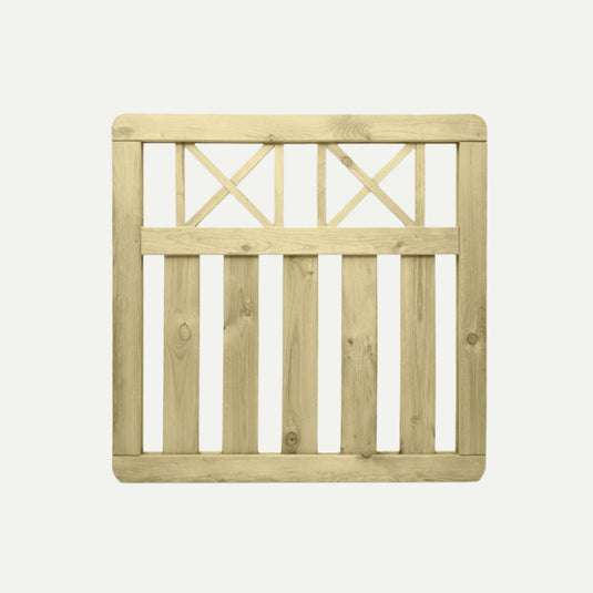 The KDM Elite Cross Top Border Gate - ECTG90 is a square, light-colored gate made from pressure treated wood with vertical bottom slats and a crisscross X top pattern, shown against a plain white background.