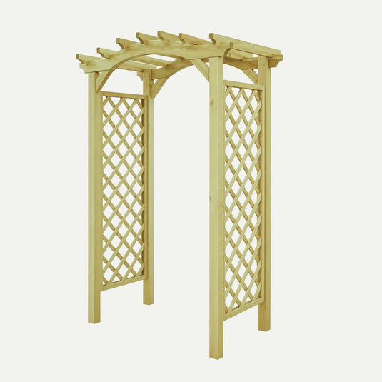 The KDM Elite Omega Top Arch (EOTA2) features side lattice panels and an arched top of horizontal beams in light, unfinished timber, offering stylish support for climbing plants in any garden.