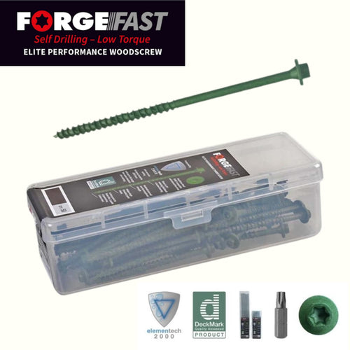 ForgeFast self-drilling wood screw with packaging and additional screws on a white background