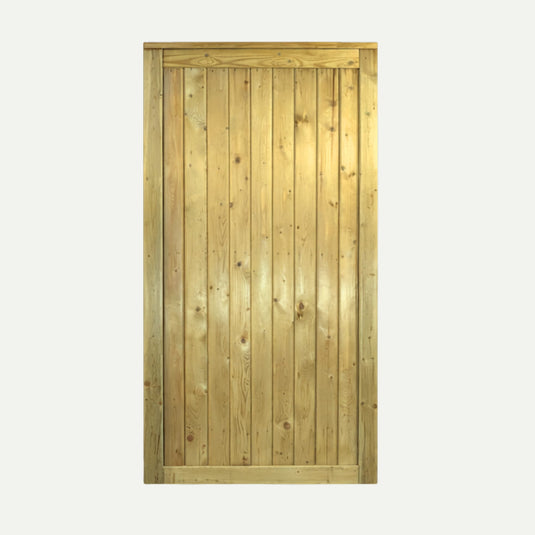 The KDM Elite Tongue & Groove Euro-Gate - ETG180 features vertical wooden planks with a natural finish, framed by horizontal planks for classic European style, set against a plain light background.