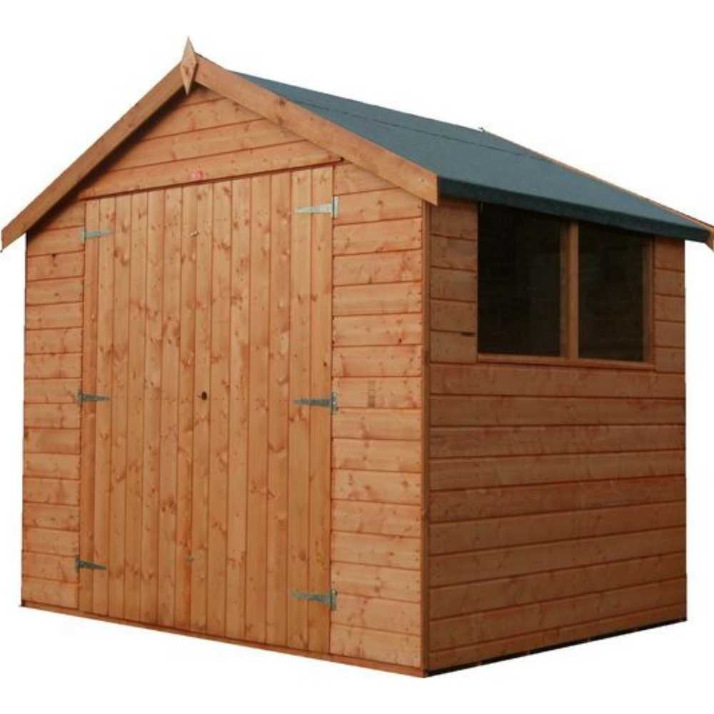 The Bingley Fencing Double Door Shed features a pitched roof and a window on the right side. Its large double doors, reinforced with metal hinges, are complemented by natural wood paneling. Perfectly suited for any garden setting, it also comes with an appealing payment plan option to fit your budget.