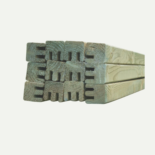 A stack of KDM Fence Panel Repair Kit Framing Double Groove - RK-DGF posts with notched ends, neatly arranged. The pressure treated timber has a greenish tint, offering enhanced outdoor durability for fencing in West Yorkshire.