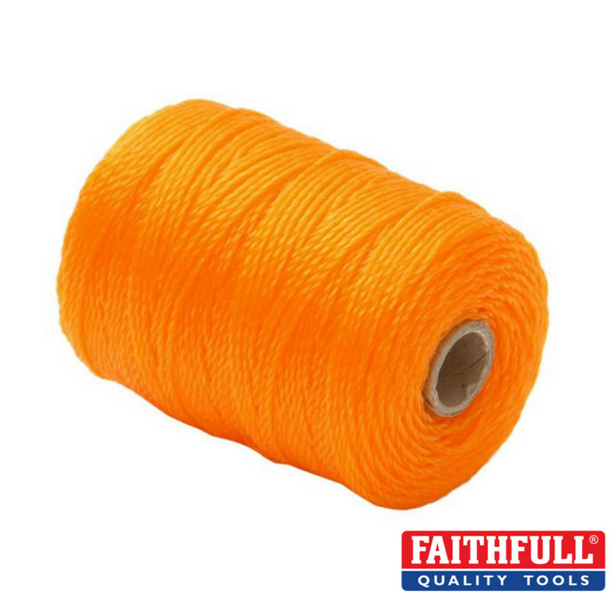 A large spool of Faithfull's bright orange Poly Brick Line 100M, made from heavy-duty polyethylene, is displayed against a plain white background. This durable line is perfect for construction projects. The Faithfull logo is positioned in the bottom right corner.