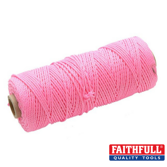 Displayed horizontally, the Faithfull - Hi-Vis Pink Nylon Brick Line 100M comes with a roll of pink twine and an orange cardboard core. Perfect for bricklaying tasks, this high-visibility nylon line ensures precision on site. The Faithfull brand logo is prominently shown in the bottom right corner against a red and blue background.