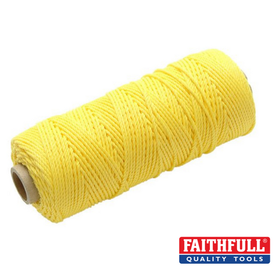 A spool of the Faithfull- Hi-Vis Yellow Nylon Brick Line 100M with a cardboard core, displayed against a plain background. The FAITHFULL Quality Tools logo is visible in the bottom right corner, making it ideal for bricklaying projects.