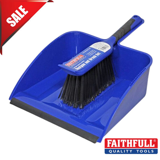 A striking blue plastic large dustpan and brush set by Faithfull is captured against a pristine white background. Boasting flagged bristles, this essential cleaning tool features a prominent red 'SALE' label in the top left corner, emphasizing its reduced price.