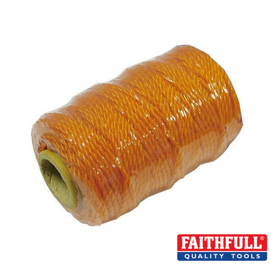 A roll of Faithfull Orange Poly Brick Line 36M, wrapped in plastic with a cardboard core, lies on a white surface. The Faithfull logo appears in the bottom right corner, making it ideal for brick laying or aligning straight edges.