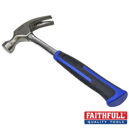 Steel hammer with blue and black handle. Hammer used  to nail down wood.