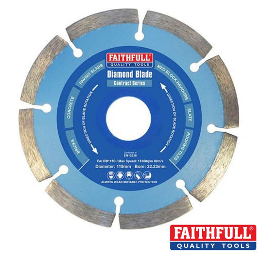 This image showcases a Faithfull diamond cutting blade from the Contract Series, perfect for general cutting applications. It features a blue design with segmented edges and is ideal for both wet and dry cutting of materials like concrete and brick. The blade has a diameter of 230mm with a 22.23mm bore.