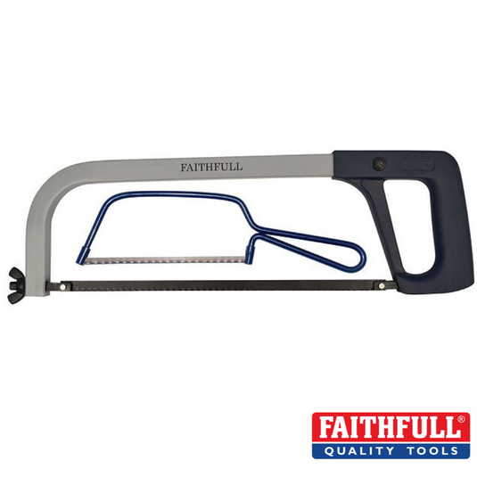 A Faithfull Handyman Hacksaw Plus Junior Saw featuring a 300mm handheld design, it has a silver frame complemented by a blue handle. The frame prominently displays the Faithfull brand name, while the securely fitted blade showcases the logo in the bottom right corner, making it perfect for precise cutting tasks.