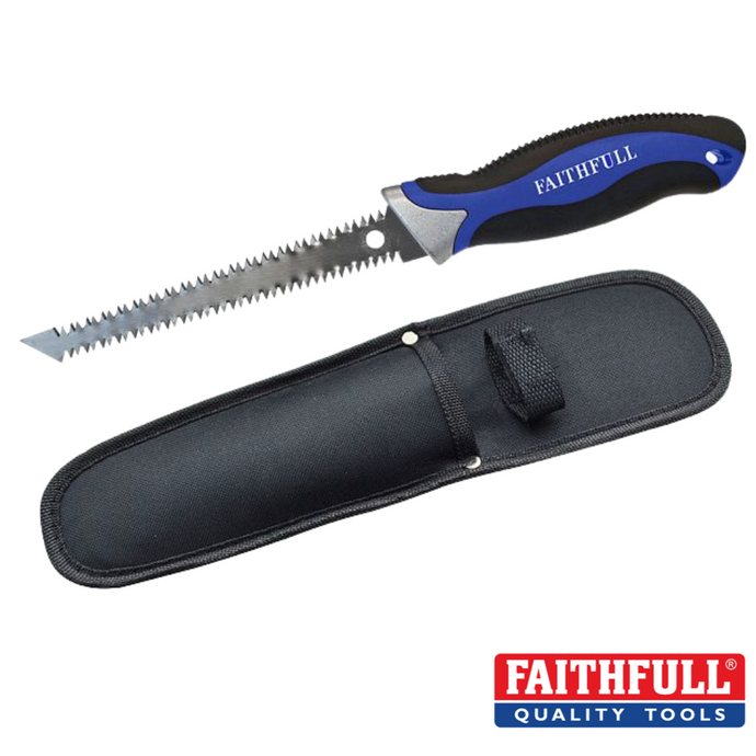 metal plasterboard saw with blue handle and a protective black pouch for storage