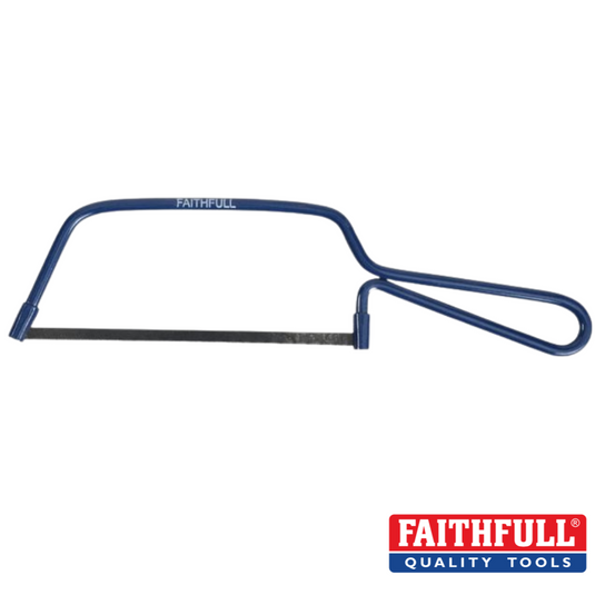 A photo of a compact blue Faithfull Junior Hacksaw, featuring a steel frame and ergonomic handle, is shown on a white background with the Faithfull logo in the bottom right corner.