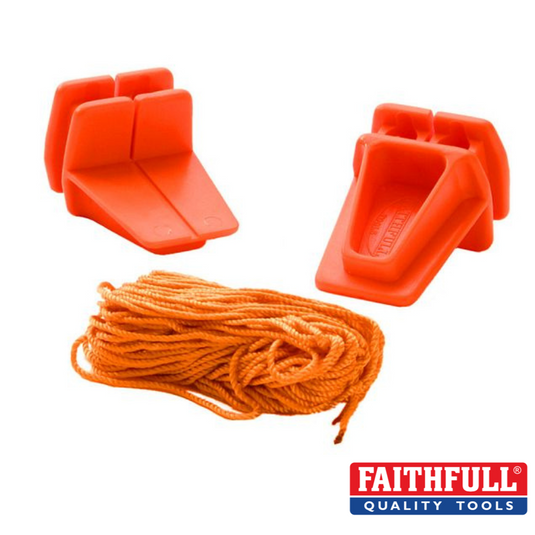 The Faithfull Line Blocks with 18m line, featuring orange brick-shaped blocks with built-in line storage and a coil of orange twine, are displayed against a white background. The Faithfull Quality Tools logo is visible in the bottom right corner.