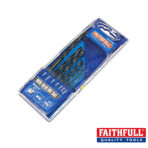 Faithfull 10-piece HSS Drill Bit Set in a clear plastic blister pack with a blue cardboard insert, shown on a white background with a Faithfull logo watermark in the bottom right corner.
