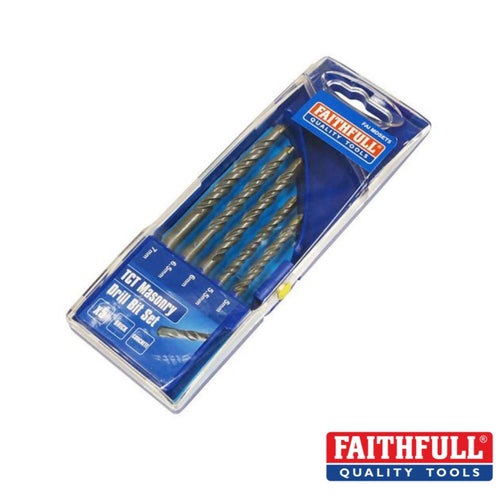A set of five Faithful - TCT Masonry Drill Bit Set, featuring carbide-tipped bits in a transparent plastic case with a blue label. Perfect for percussion drilling, the packaging emphasizes the Faithfull brand and promotes it as a quality tool.