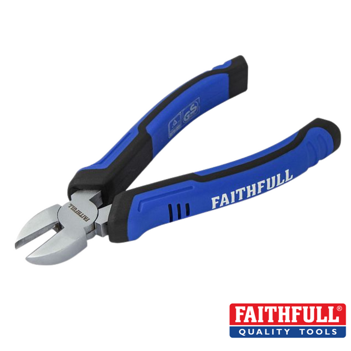 A pair of Faithfull Diagonal Cutting Pliers 160mm in blue and black, made from chrome-vanadium steel, is placed against a white background. The red Faithfull logo at the bottom right corner highlights the tool's induction-hardened durability.