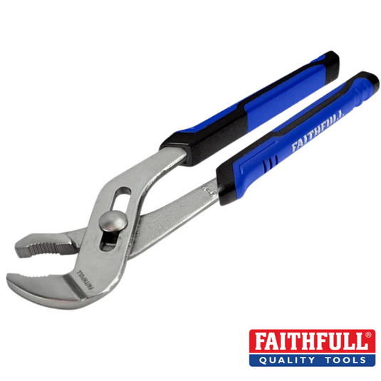 Faithful - Waterpump Pliers Soft-Grip 250mm are expertly crafted from durable chrome-vanadium steel. These pliers feature blue and black cushion-grip sleeves for enhanced comfort and versatility with an adjustable jaw, proudly displaying the Faithfull logo in the lower right corner.