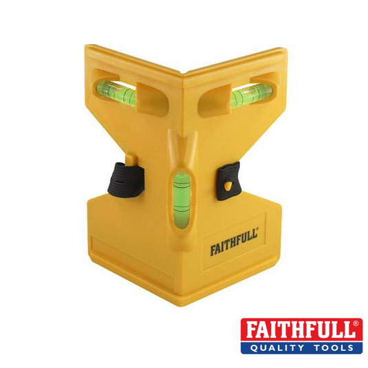 Introducing the Faithfull Post Level: a yellow multi-angle spirit level designed with a magnetic base and three bubble vials for precise alignment. It includes securing straps, making it perfect for tasks like plumbing pipes. The Faithfull Quality Tools logo is prominently displayed at the bottom right corner, highlighting its brand excellence.